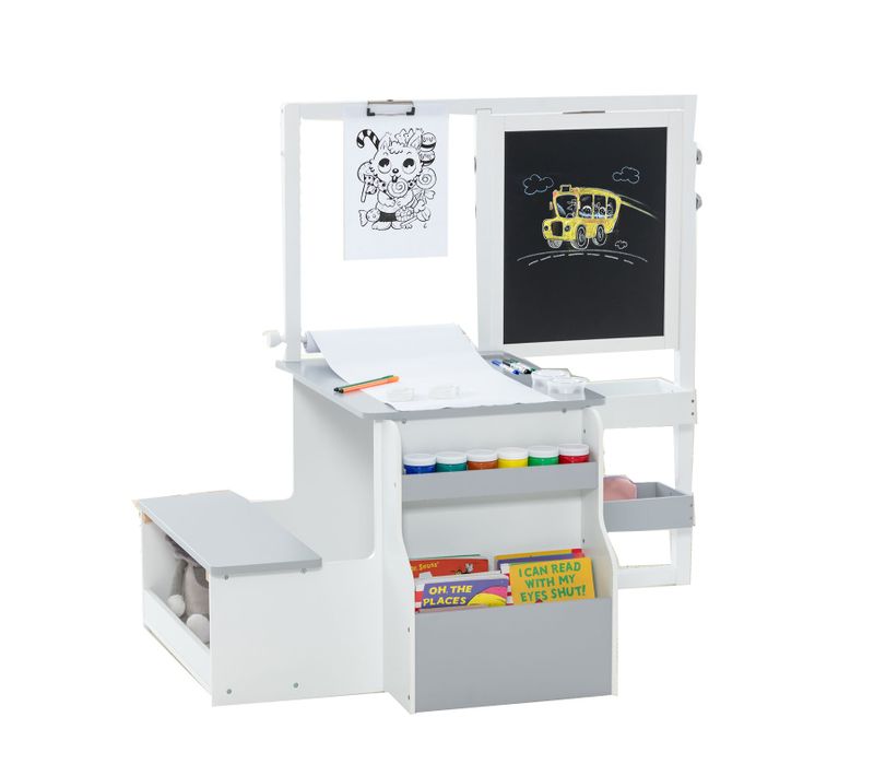 2 En 1 Bureau Enfants En Bois Avec Banc Et Etagères, Tableau Enfant, Charge 50kg (gris+blanc)
