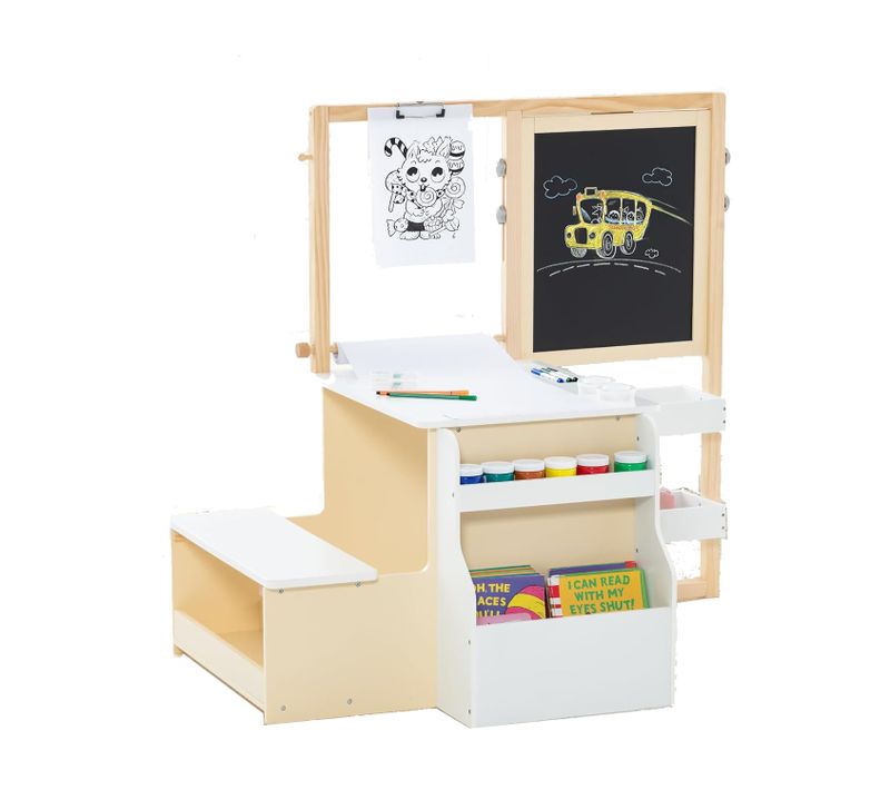 2 En 1 Bureau Enfants En Bois Avec Banc Et Etagères, Tableau Enfant, Charge 50kg (blanc)