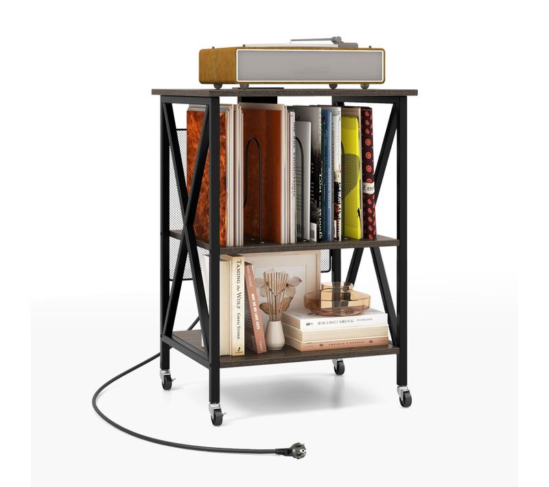 Meuble Tourne-disque Vinyle Avec Prise, Table D’appoint à Roulette Avec Station De Charge, Gris