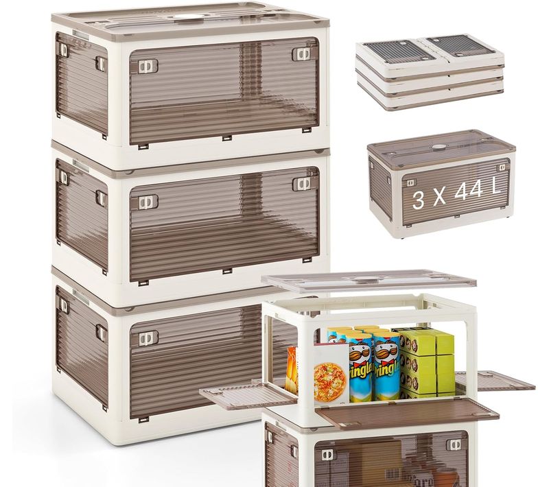 Boîte Rangement Plastique 132l, 3 Caisses Rangement Pliables Avec Petite Roulettes