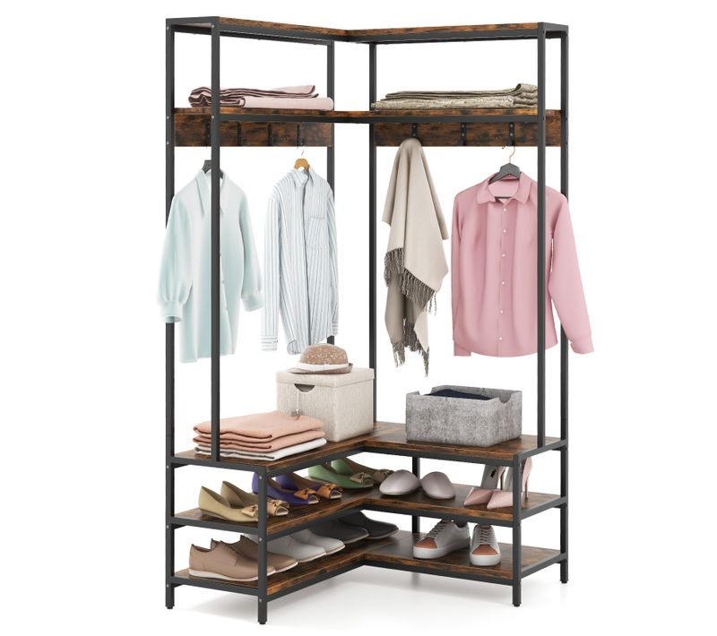 Porte Manteaux D'angle 178 Cm, Meuble D'entrée Avec Banc à Chaussures, 7 Patères