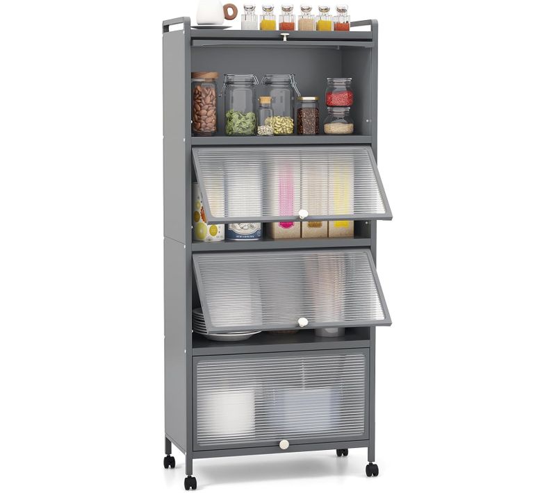 Armoire Cuisine 5 Niveaux, Étagère Cuisine 4 Portes PC Escamotables Avec 4 Roulettes (gris)