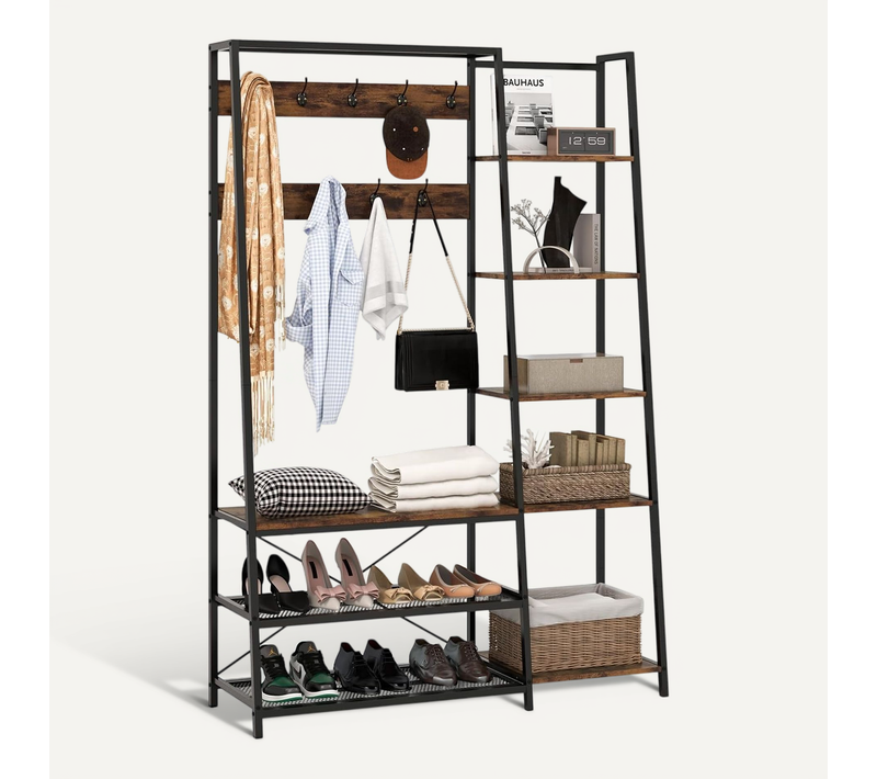 Porte Manteaux 180 Cm, Meuble D'entrée 3 En 1, Banc à Chaussures, 9 Patères Double