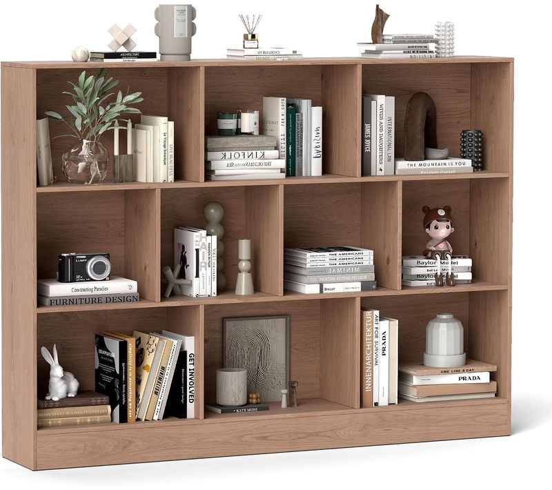 Bibliothèque Etagère à 10 Cases, Armoire De Rangement Autoportante à 3 Niveaux, Bureau, Naturel
