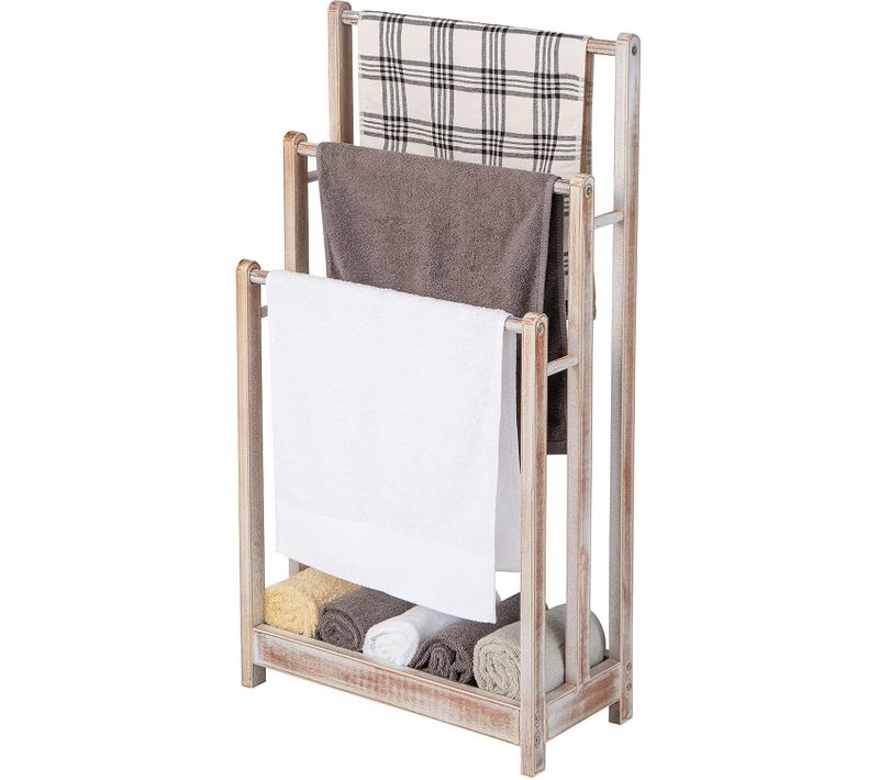 Porte-serviettes Sur Pied En Bois, 3 Barres Et Étagère De Rangement, 22 X 45 X 86 Cm, Blanc Vintage