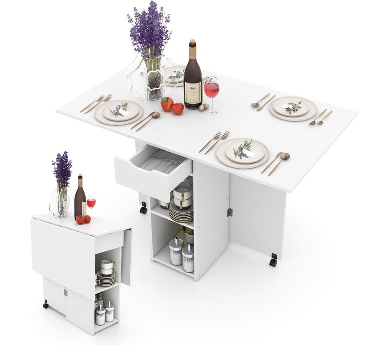 Table Pliante Cuisine, Table Pliante Interieure Avec 1 Tiroir Et 2 Etagères, 34-120 X72x75cm (blanc)