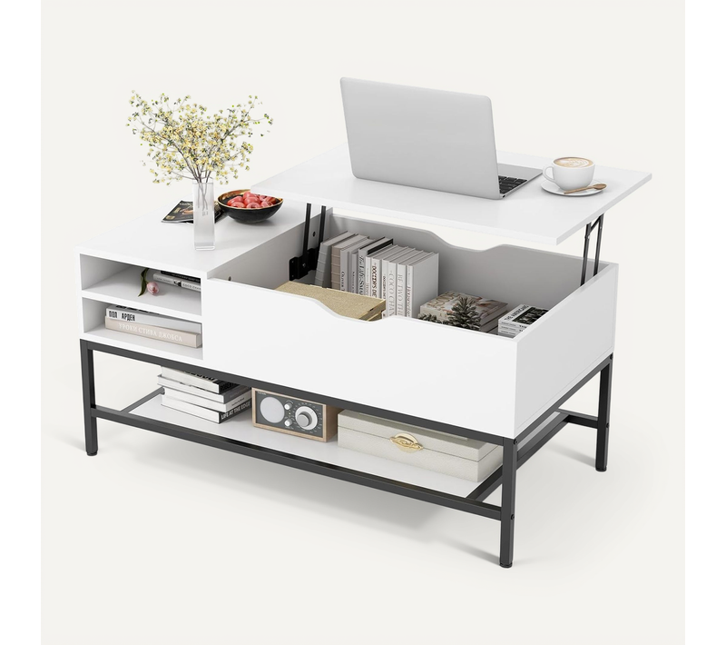 Table Basse Relevable, Table Basse Salon Avec Rangement, Compartiment Caché (blanc)