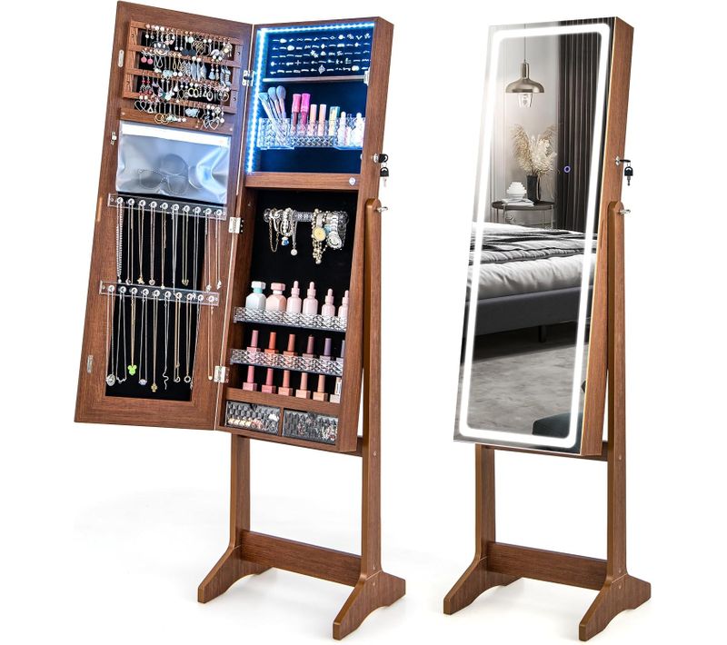 Armoire à Bijoux Avec Miroir Sur Pieds, Grand Miroir Psyché Sans Cadre,  Noyer