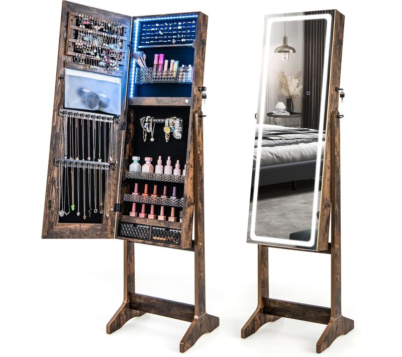 Armoire à Bijoux Avec Miroir Sur Pieds, Grand Miroir Psyché Sans Cadre,  Marron Rustique