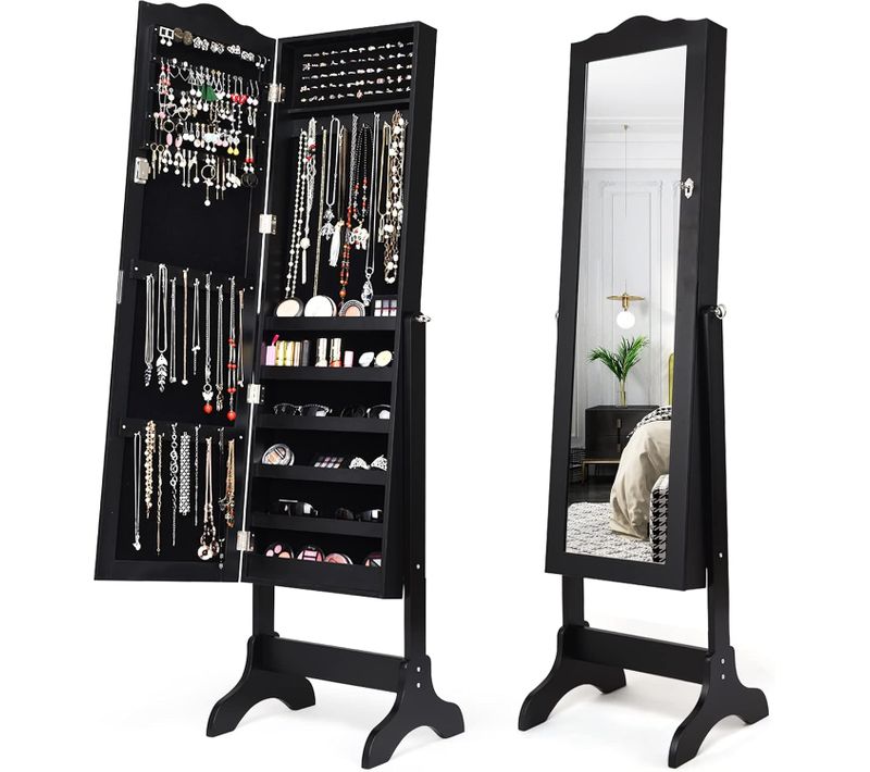 Armoire à Bijoux Sur Pied Avec 2 Organiseurs Cosmétiques Amovibles, Angle Réglable (noir)