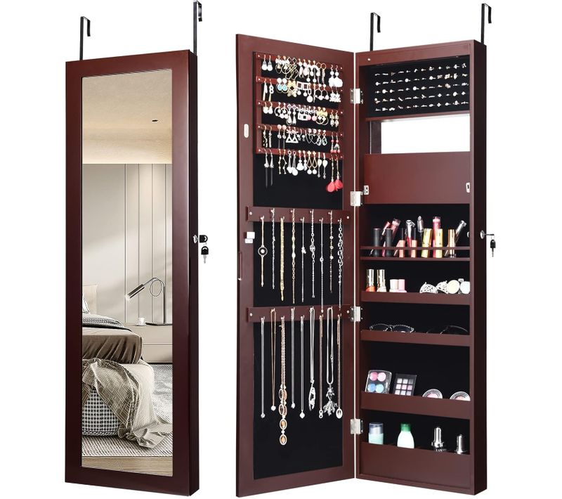 Armoire à Bijoux Murale Avec Miroir 12 LED, Meuble De Rangement Verrouillable Pleine Longueur Marron