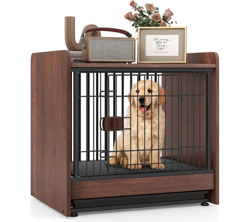 Cage Pour Chien 2 En 1, Cage Chien Intérieur Plateau Amovible Porte Verrouillable, Marron