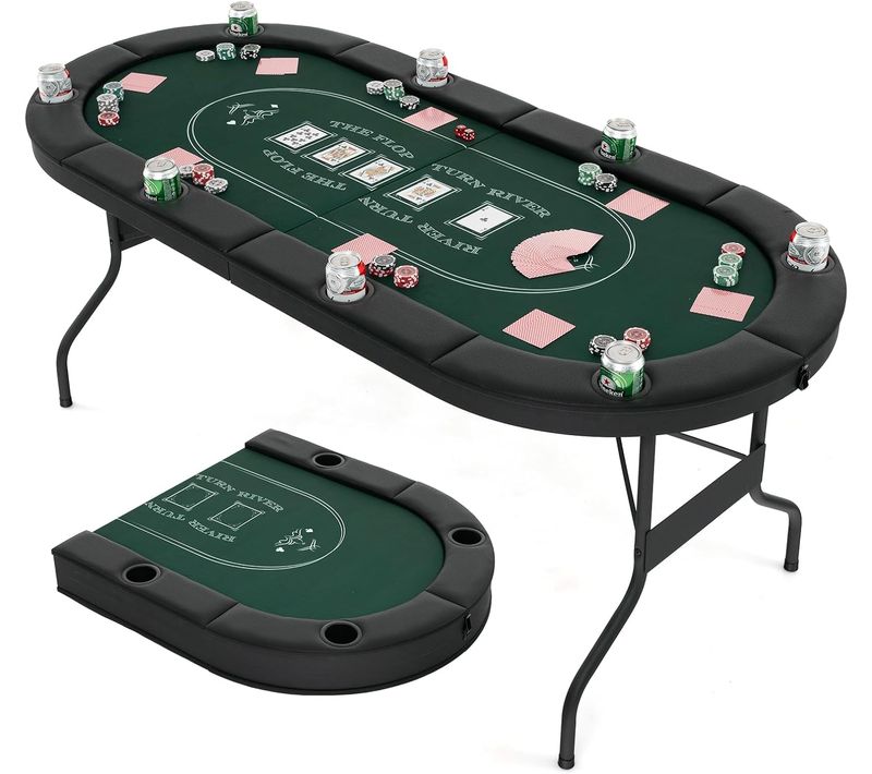 Table De Poker Pliable 182 Cm Pour 8 Joueurs, Table De Jeu De Cartes Avec 8 Porte-gobelets En Métal