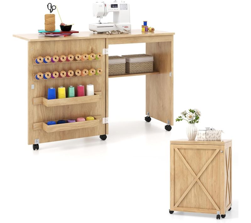 Table De Couture Pliante, Meuble Machine à Coudre Design Compact Avec Etagère Et 18 Rangées, Naturel