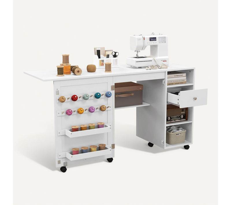 Table De Couture Pliante, Meuble Machine à Coudre Avec 4 Compartiments Ouverts Et 1 Tiroir, Blanc