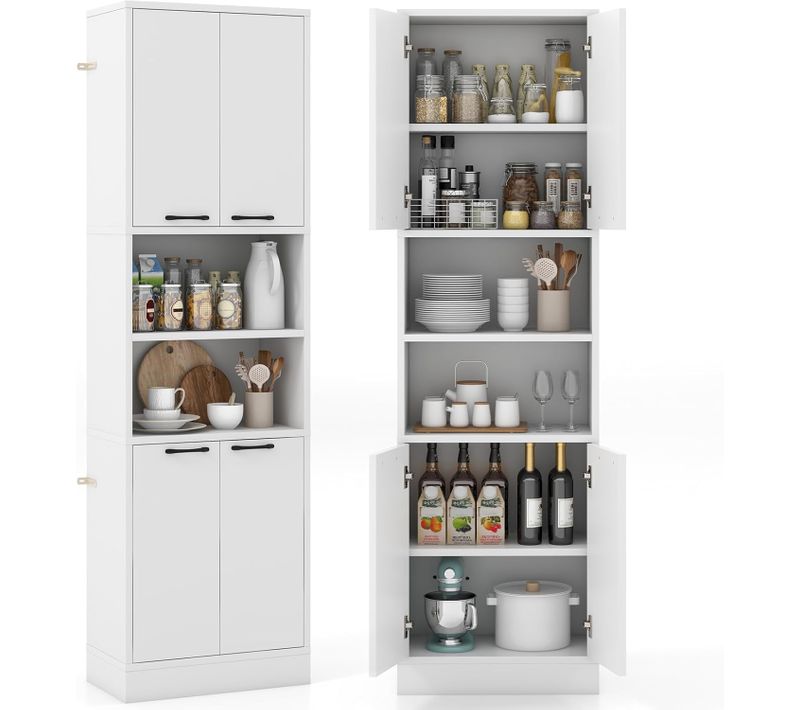 Buffet Cuisine Haut 190 Cm, Meuble De Cuisine Rangement, 2 Placard Rangement, Blanc