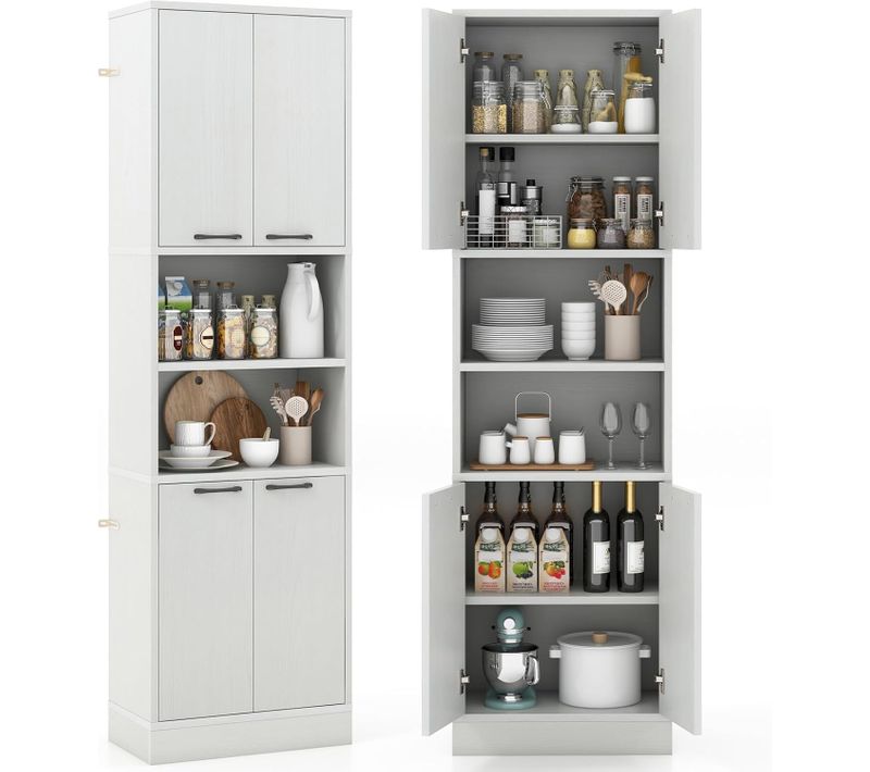 Buffet Cuisine Haut 190 Cm, Meuble De Cuisine Rangement, 2 Placard Rangement, Blanc Chêne