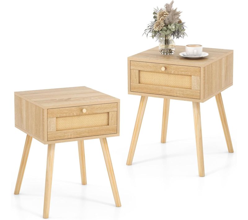 Table De Chevet En Rotin, Table De Nuit Bois Avec Tiroir Et 4 Pieds En Pin, 40 X 40 X 55 Cm (2)