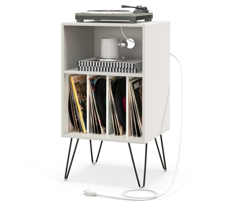 Meuble Tourne-disque Vinyle Avec Prise,table D’appoint Avec Station De Charge,2 Prises, (blanc)