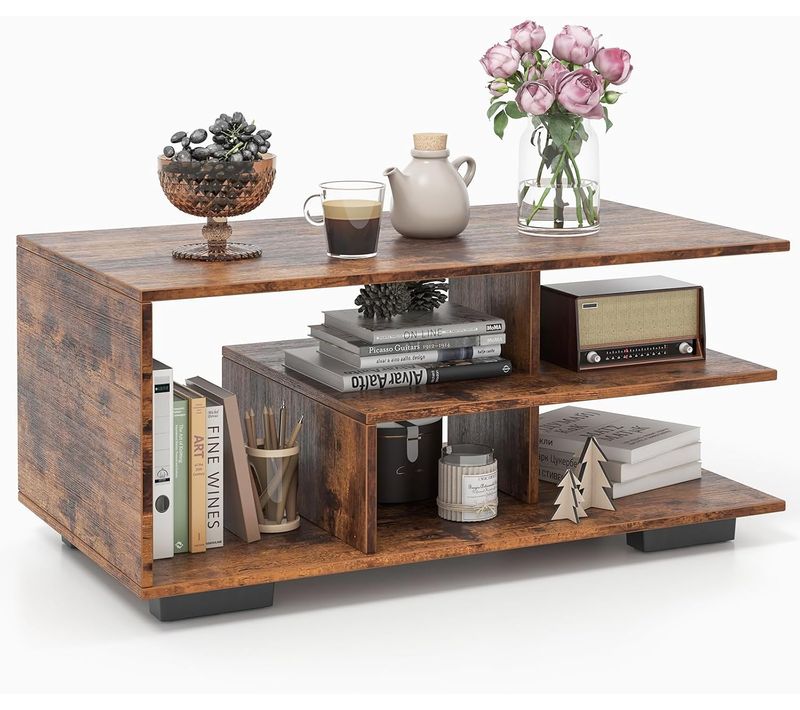 Table Basse Avec Rangement, Table Basse Salon Avec Etagères, 90 X 50 X 42 Cm (marron Rustique)