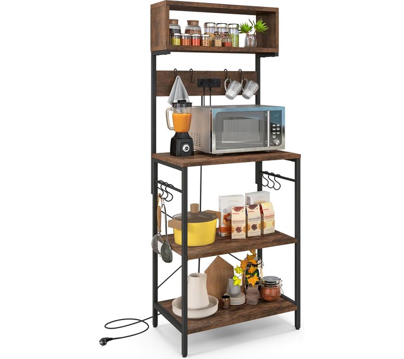 Étagère De Cuisine Avec Prise De Courant, Support Pour Micro-ondes, 42 X 60 X 153cm, Marron Rustique
