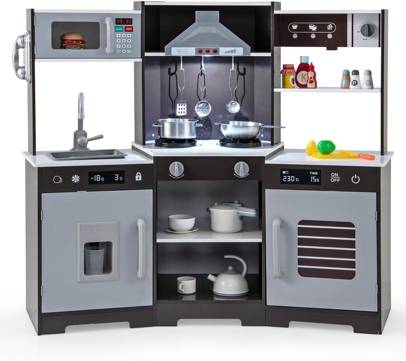 Cuisine Enfant En Bois Avec Effets Sonores Et Lumières Réels, Jeu De Cuisine Avec Micro-ondes Marron