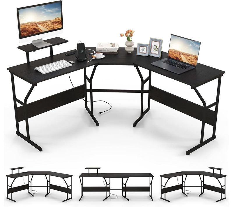 Bureau En Forme De ‘l’ Avec Prises De Courant, Bureau D'angle Avec Support D'ecran Amovible (noir)