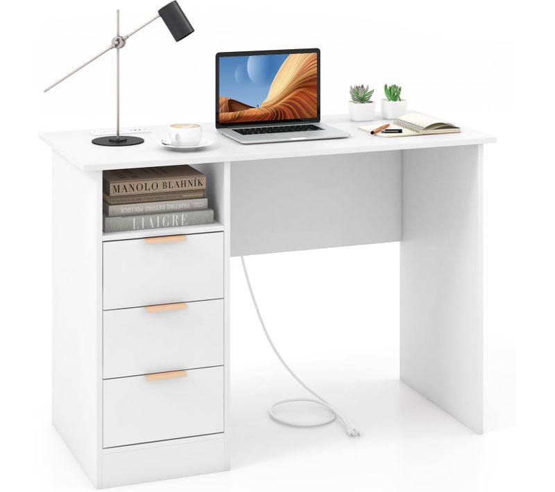 Bureau Avec Rangement Avec Station De Charge Intégrée, 3 Tiroirs, Etagère Ouverte