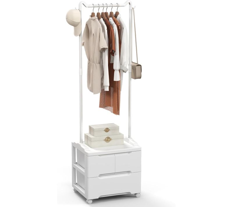 Portant à Vetement Avec Roulettes, Penderie Vêtement Solide Avce 3 Tiroirs, Tringle à Vêtement 157cm