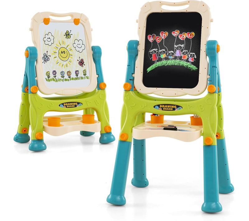 Tableau Enfant Double Face Avec 2 Hauteur Réglable,  Plateau De Rangement Et 2 Pots (vert)