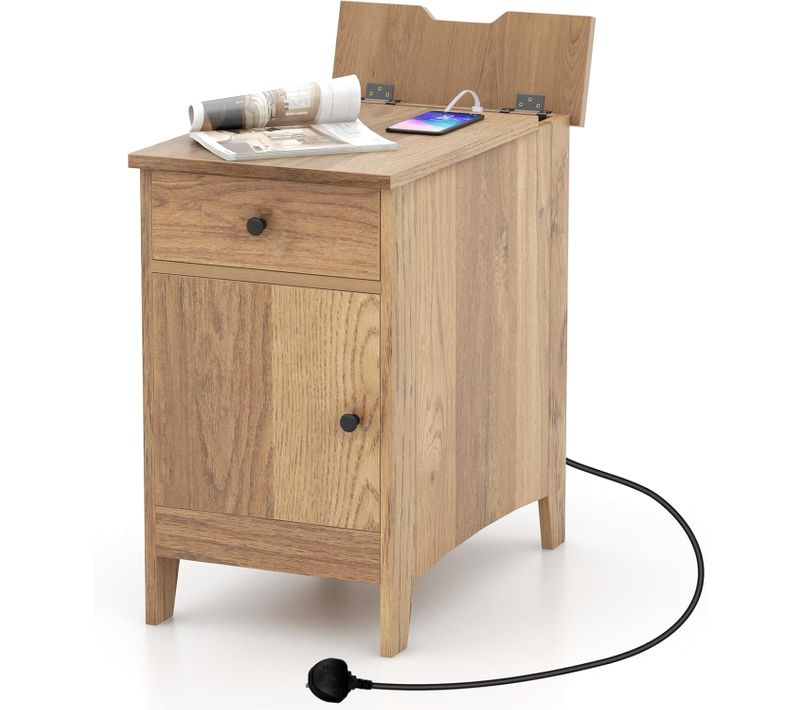Table D'appoint Avec Prise, Bout De Canape Avec Tiroir, 2 Prises, 1 Port USB, 1 Port Type-c, Naturel