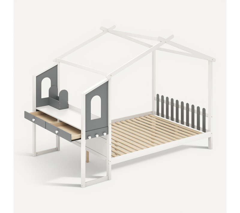 Lit Cabane Enfant 140 X 200 Cm Avec Grand Bureau, Lit Maison Double En Bois Blanc Et Gris