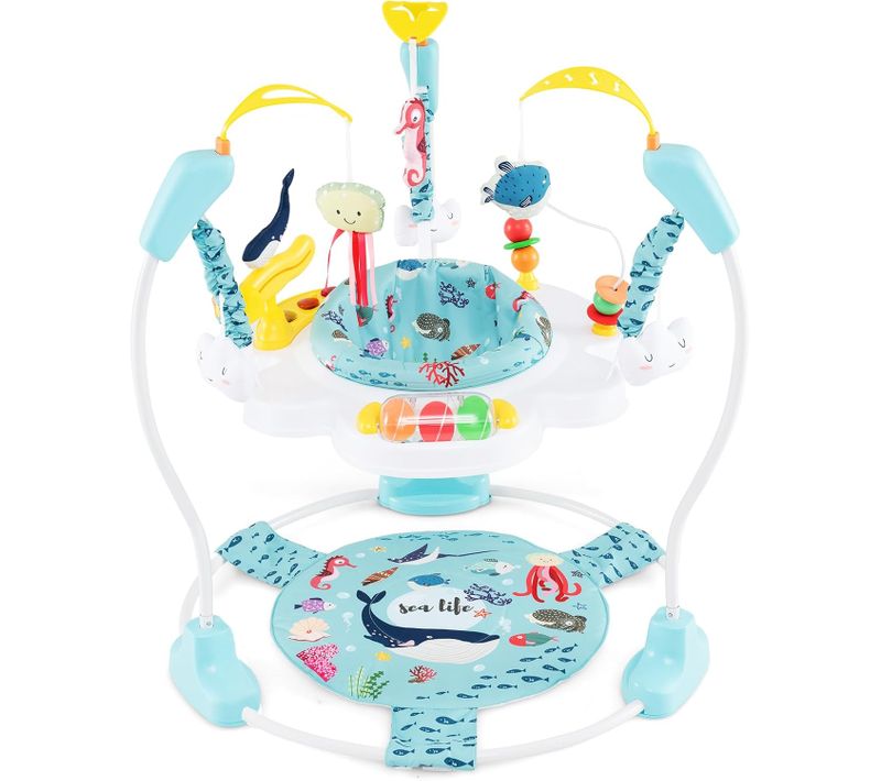 Aire D'éveil à Rebonds Bébé Forêt Et Animaux Avec 3 Hauteurs Réglables Et 9 Jouets (bleu Clair)