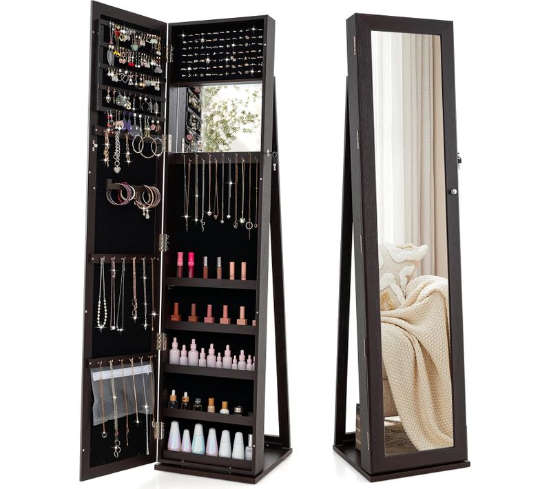 Armoire à Bijoux Sur Pieds, Miroir HD Pleine Longueur Et Miroir De Maquillage Intégré (brun Foncé)