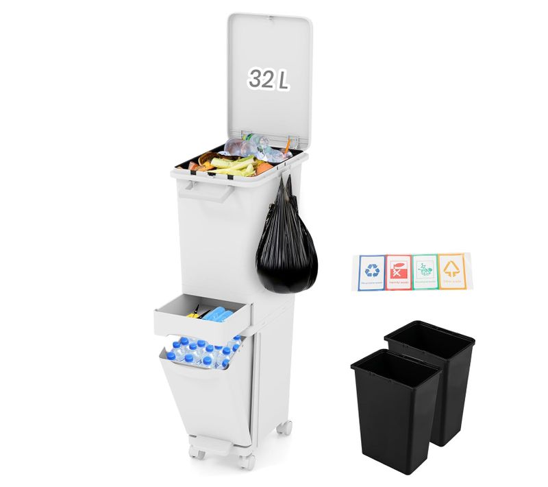 Poubelle Cuisine 32 L En Plastique, Poubelle Tri Selectif 2 Bac Avec Tiroir, 2 Seaux Amovible, Blanc