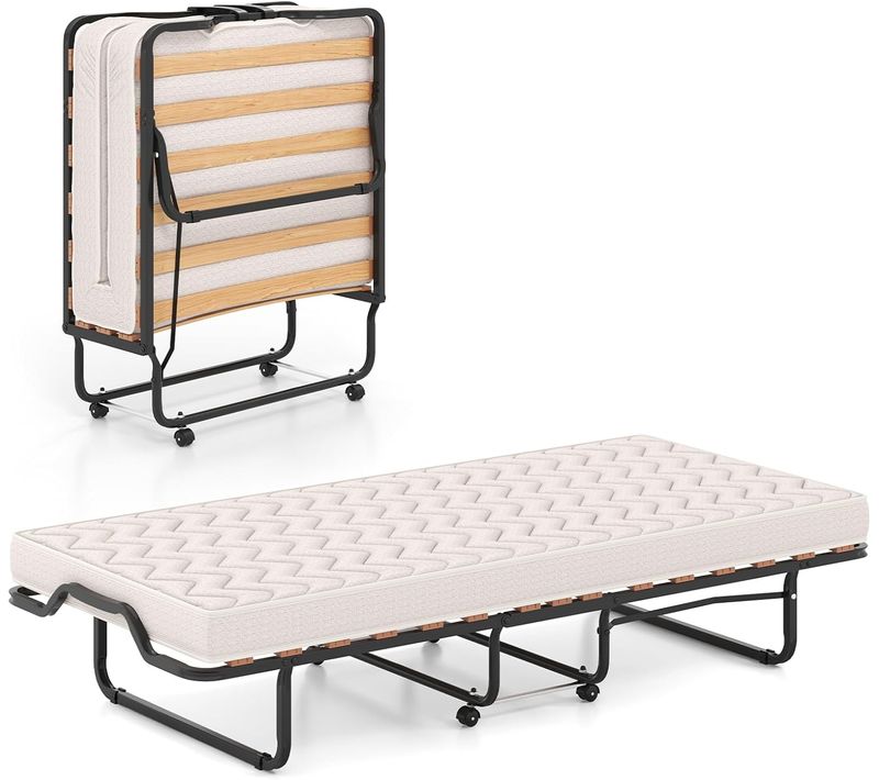 Lit Pliant 90x200 Cm Avec Matelas Orthopédique En Mémoire 10 Cm, Lit D’appoint Pliable Beige