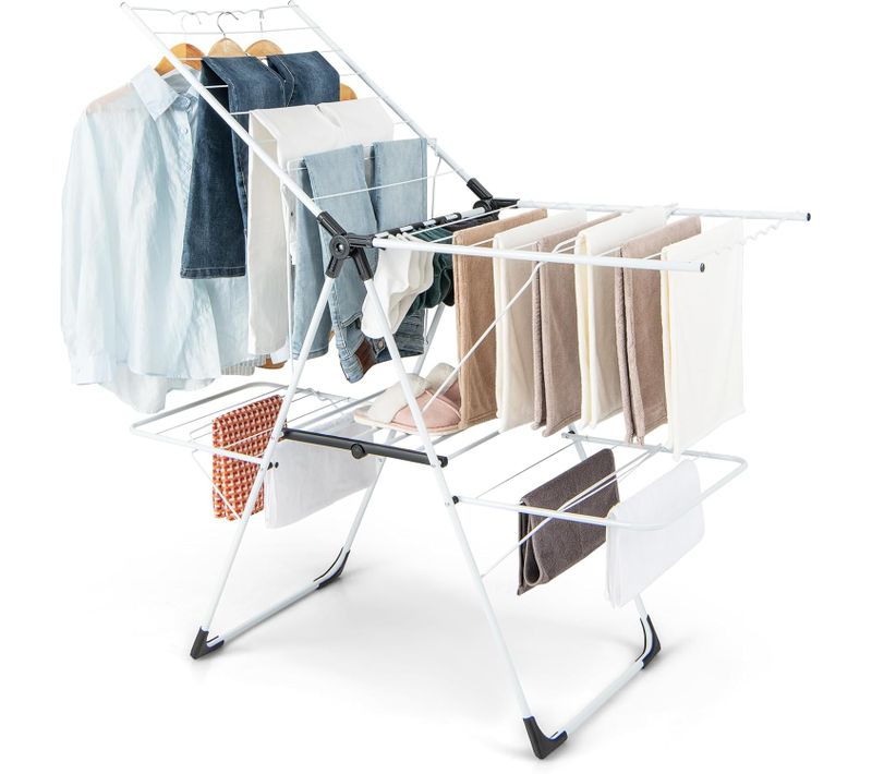 Etendoir Linge Interieur Pliable, Sechoir à Linge 2 Niveaux En Métal, 33 Barres, 4 Ailes Réglables