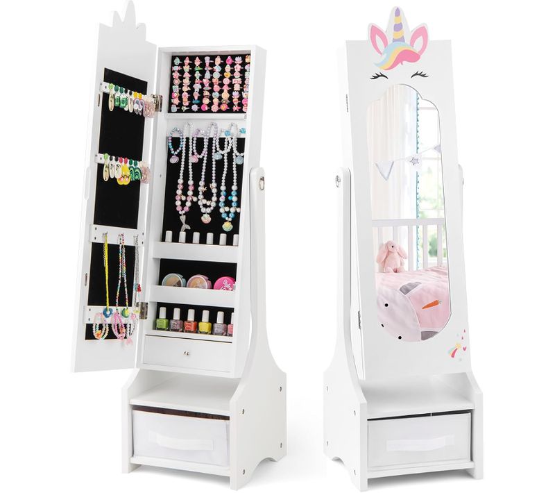 Armoire à Bijoux Enfant Avec Miroir Et Bac En Tissu, Organisateur à Bijoux En Motif Licorne (blanc)