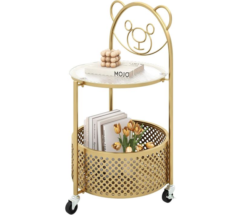 Petite Table Basse En Verre 2 Niveaux, Bout De Canapé Rond à Roulette Avec Panier Chambre (doré)