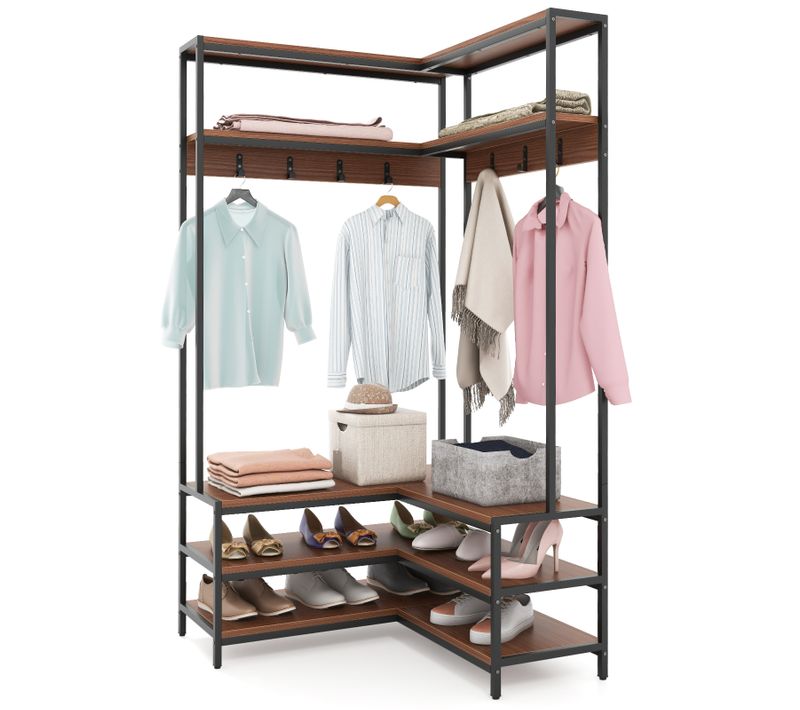 Porte Manteaux D'angle 178 Cm, Meuble D'entrée Avec Banc à Chaussures, 7 Patères(noyer)