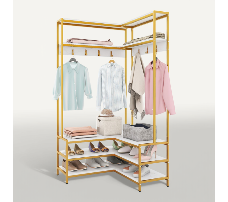 Porte Manteaux D'angle 178 Cm, Meuble D'entrée Avec Banc à Chaussures, 7 Patères(doré)