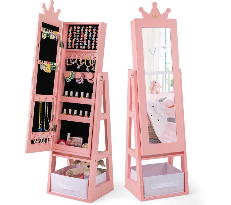 Armoire à Bijoux Enfant Avec Miroir Et Bac En Tissu Pour Enfant De 3 Ans+ Rose