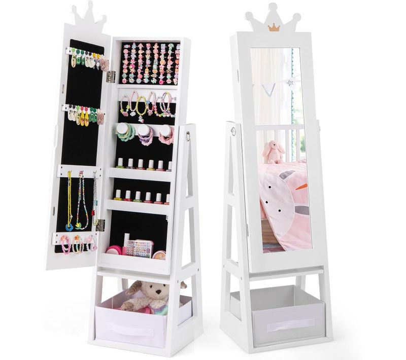 Armoire à Bijoux Enfant Avec Miroir Et Bac En Tissu Pour Enfant De 3 Ans+ Blanc