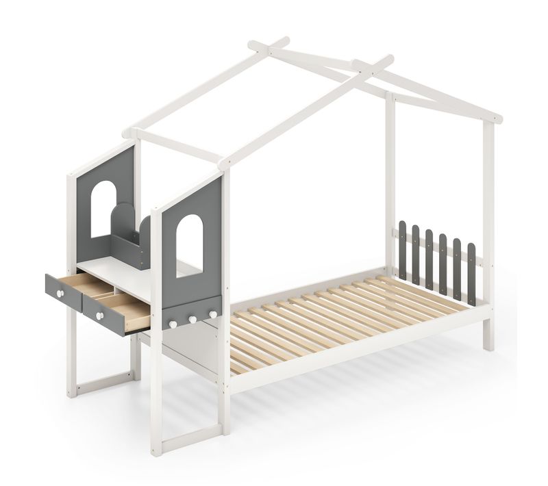 Lit Cabane Enfant 90 X 200 Cm Avec Grand Bureau, Lit Maison Double En Bois, Blanc Et Gris