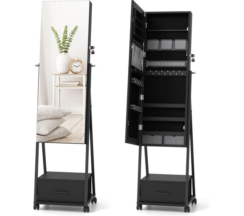 Armoire à Bijoux à Roulettes Avec Miroir De Pleine Longueur, Miroir Sur Pied 42 X 38 X 157 Cm (noir)