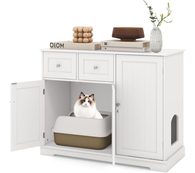 Meuble Litiere Chat En Bois, Maison Pour Chat 3 En 1, 3 Portes Et 2 Tiroirs,100 × 45 × 80 Cm, Blanc