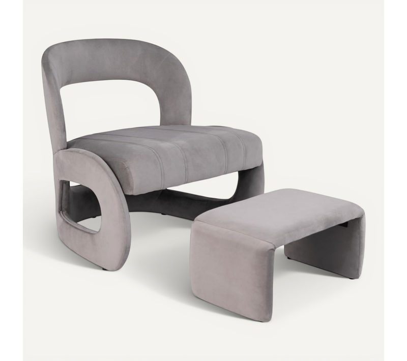 Fauteuil Avec Pouf, Ensemble De Fauteuil En Velours Rembourré Et Pouf Avec Dossier Courbé Ouvert