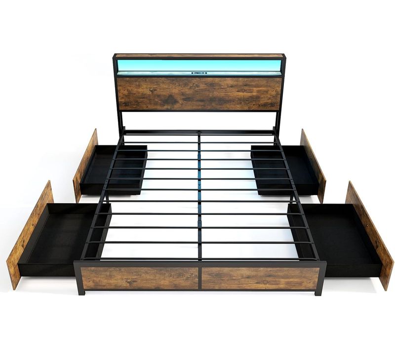 Cadre De Lit Double 160x200cm Avec Sommier, Lit Avec Éclairage LED Et Prise De Courant, USB