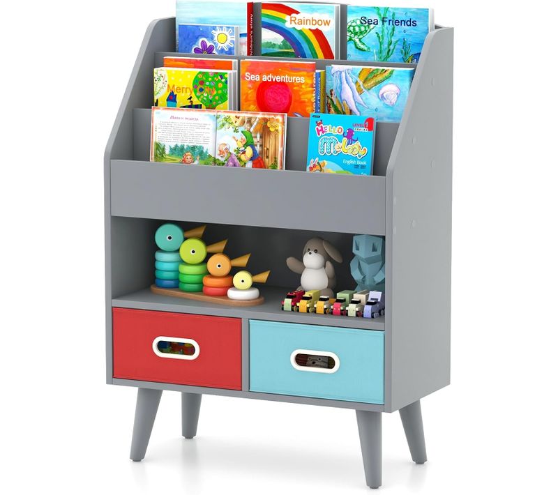 Bibliothèque Enfants En Bois Avec Compartiment Ouvert Et 2 Tiroirs Pliables, Charge 100kg (gris)