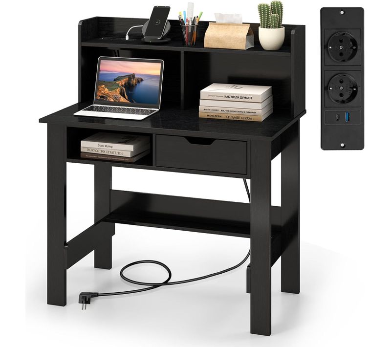 Bureau D'ordinateur Avec Prises De Courant Et Ports USB Et Type-c, Bureau Avec Rangement(noir)